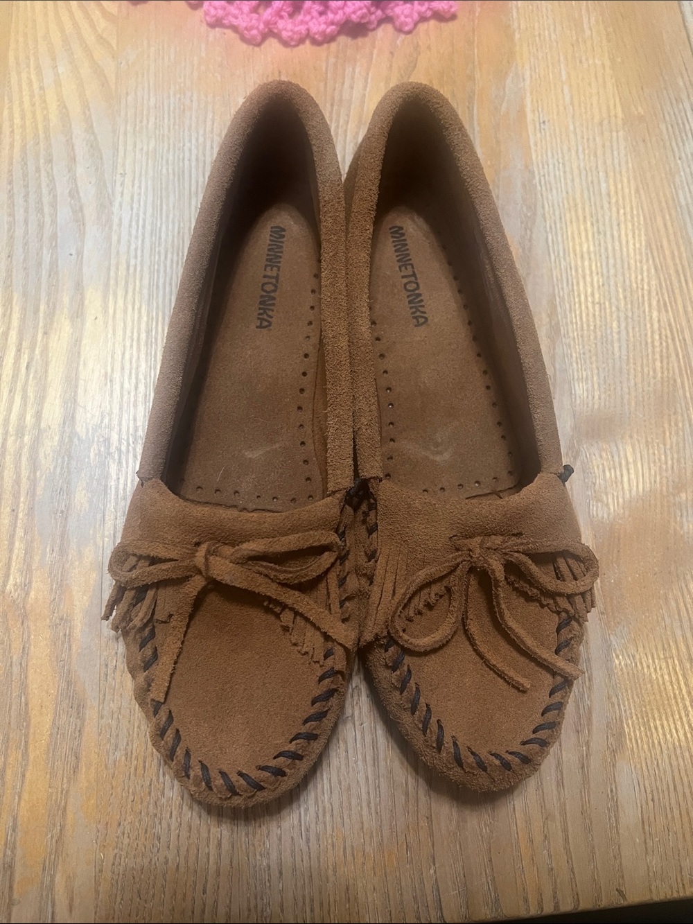 Minnetonka Brown Suede Moccasin Flats with Bow and Whipstitch